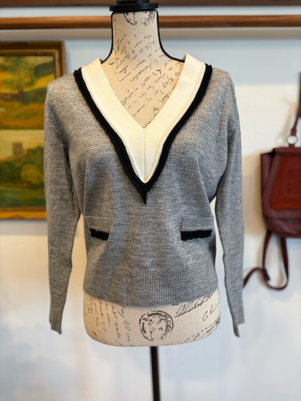 Preppy Academia Knit Sweater V-Neck Contrast Trim